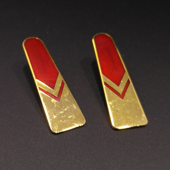 Vintage Laurel Burch Gold Red Chevron Post Earrings, 1980s, Gold Plated - Picture 3 of 10